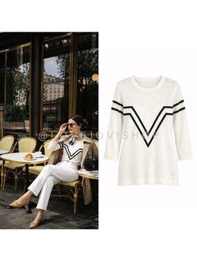 Sweater | Fine Knit Chevron Stripe Crewneck Cream Black Silky Soft | Lightweight